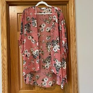 Emory Park Pink Floral Print Open Front Kimono Size Large